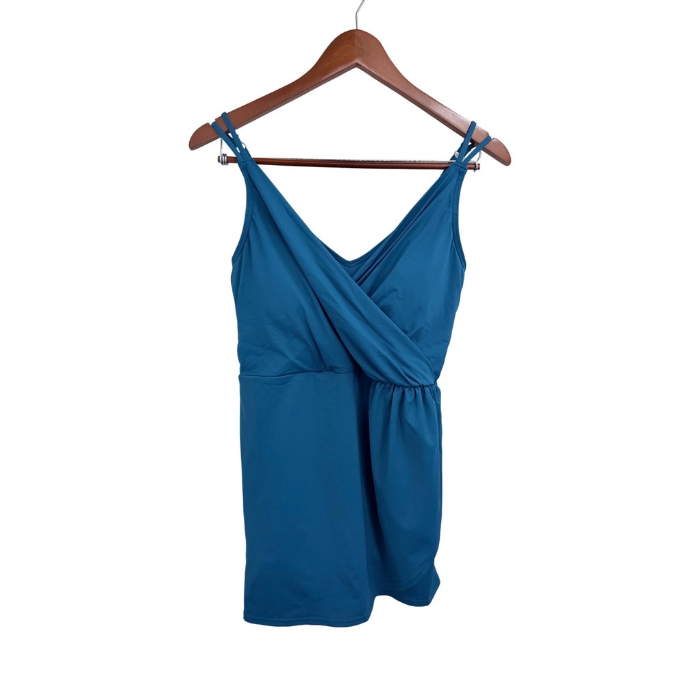 Lands End Teal Blue Wrap V-Neck Swim Dress Medium 10-12 New NWT